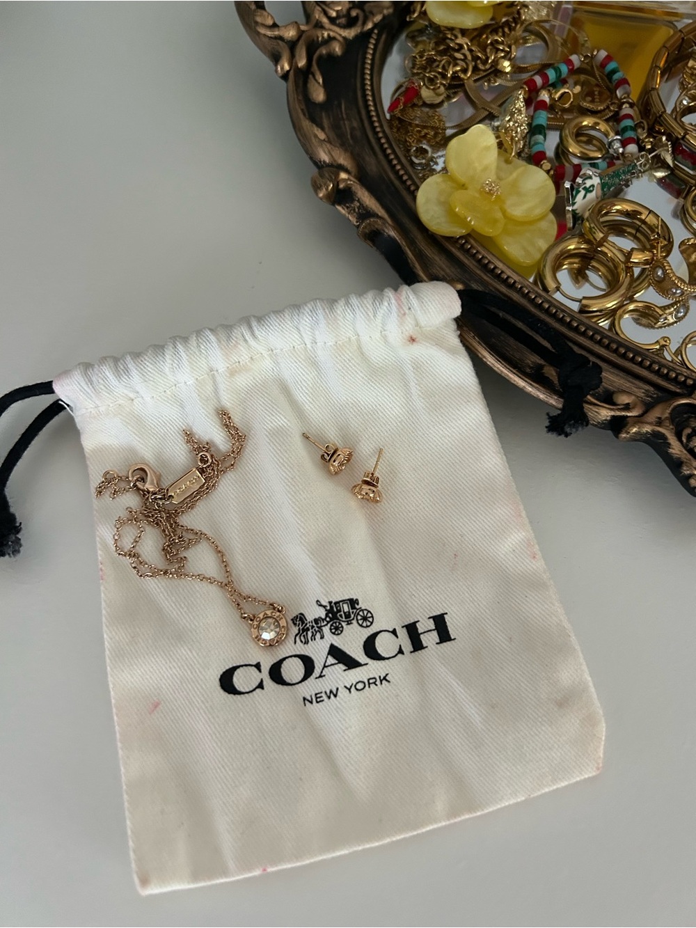 Coach Rose Gold Crystal Pendant Necklace & Tag Stud Earrings Set